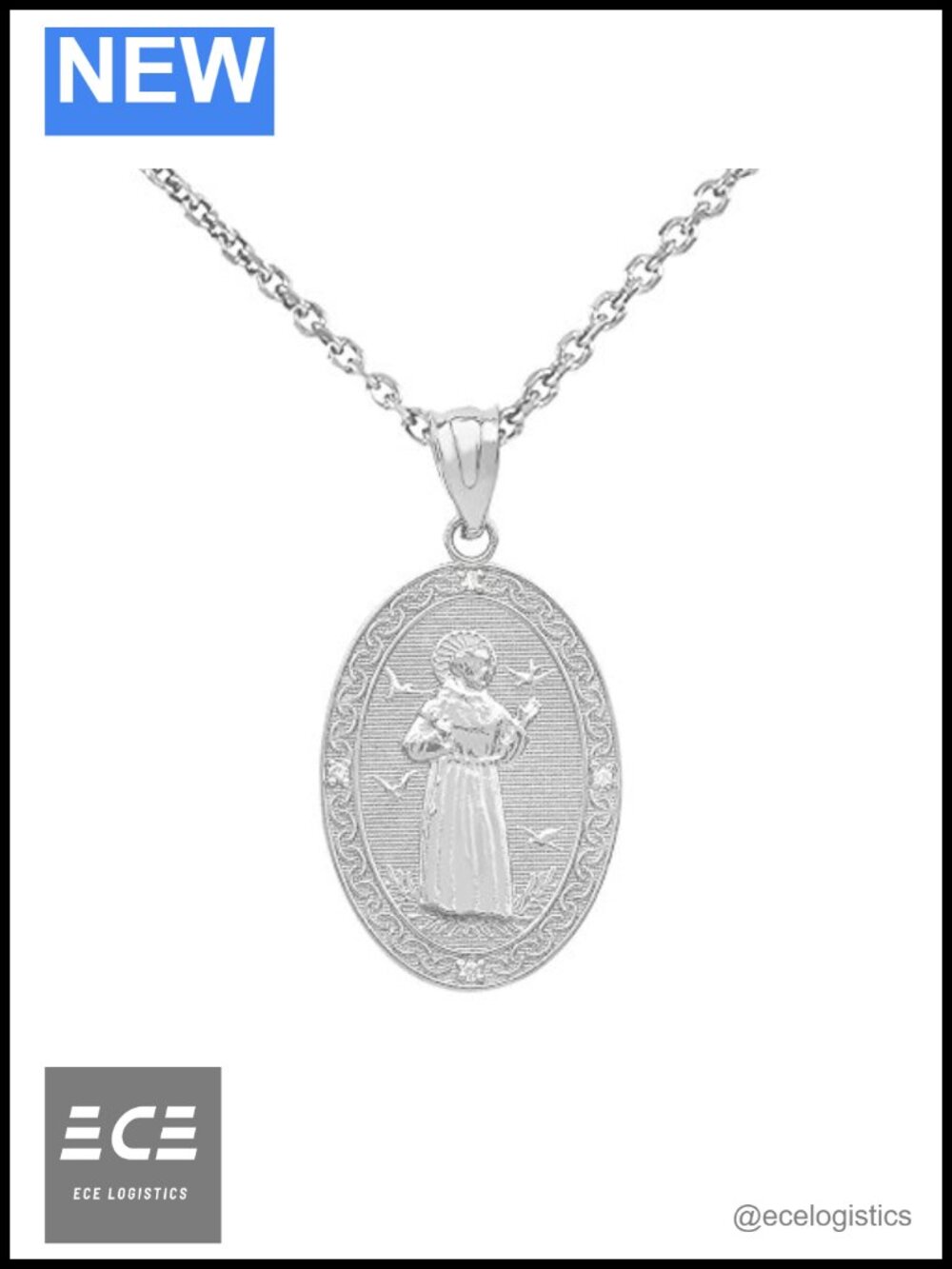 Sterling Silver Saint Francis Oval Medal CZ Pendant Necklace 22"